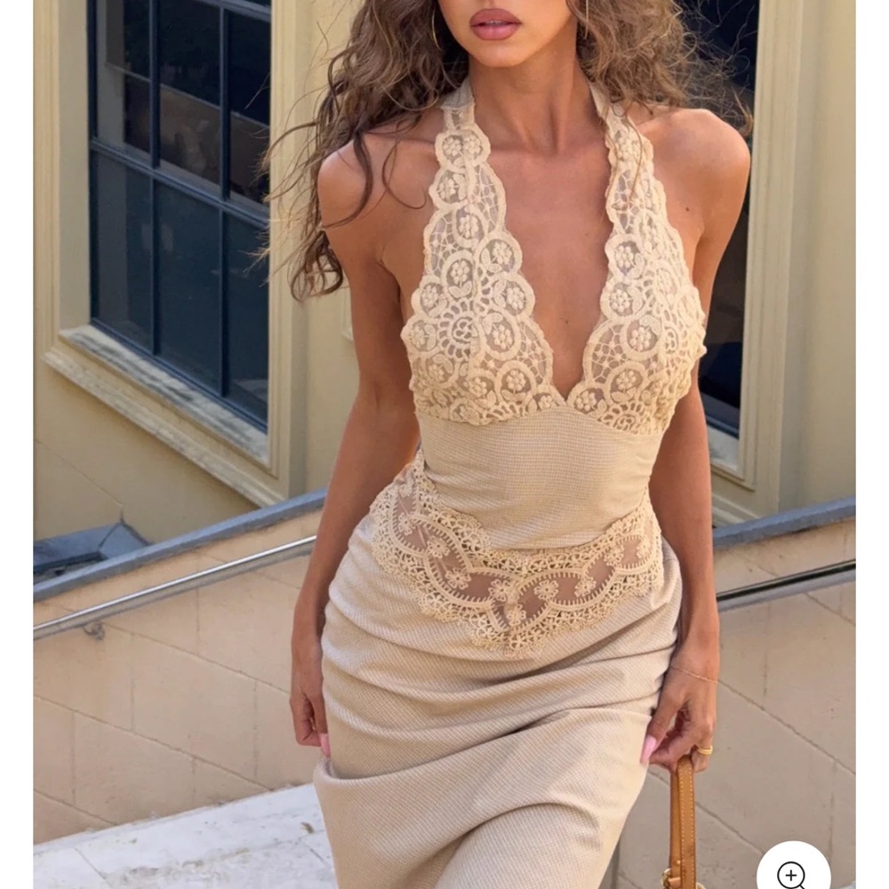 Women’s Halter Lace Midi Dress in Beige